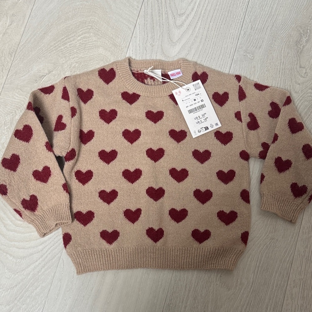 Zara Tan Sweater with Red Heart Design